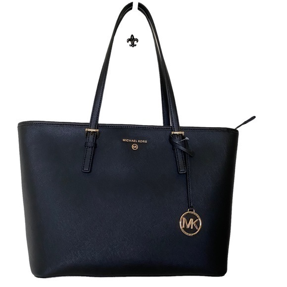Michael Michael Kors Black Leather Jet Set Charm Zip Top Shoulder Tote Bag - Picture 1 of 14